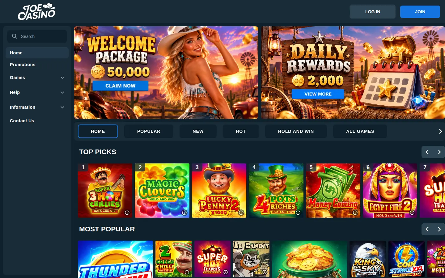 Screenshot of the Joe Casino website