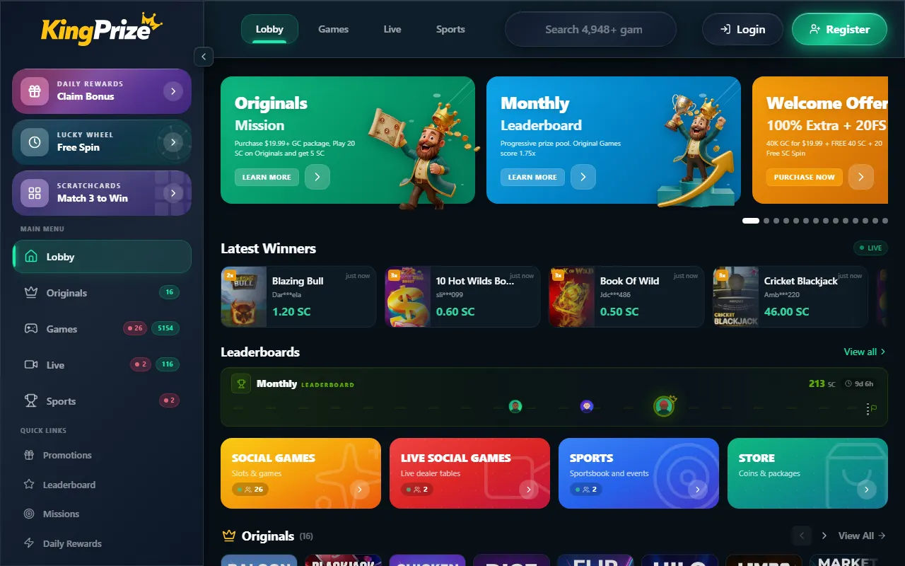 Screenshot of the KingPrize website
